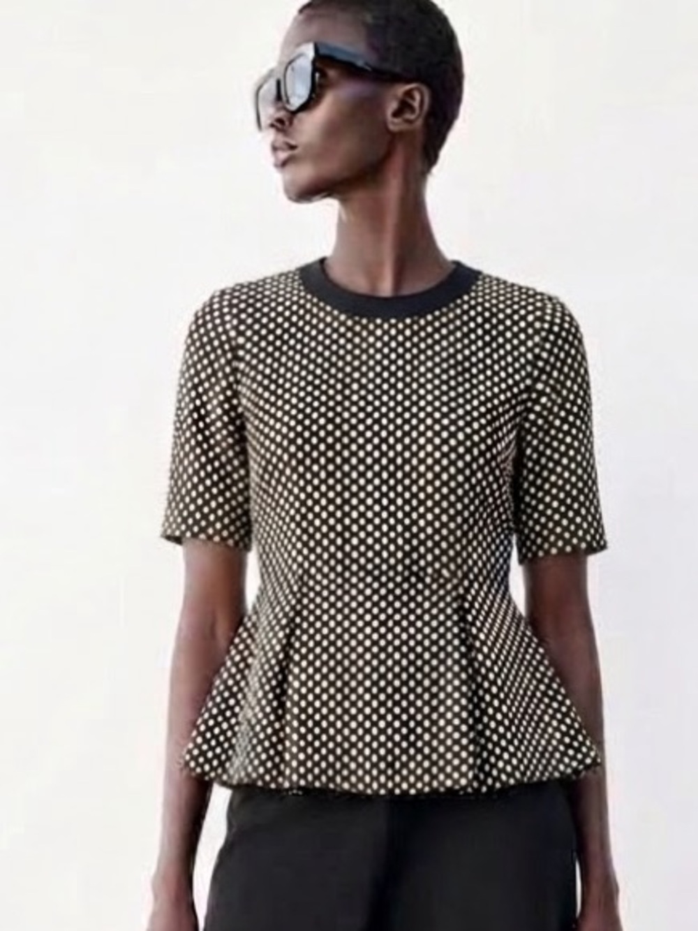 Zara Black White Geometric Print Dot Peplum Blouse Short Sleeve Exposed Zipper M